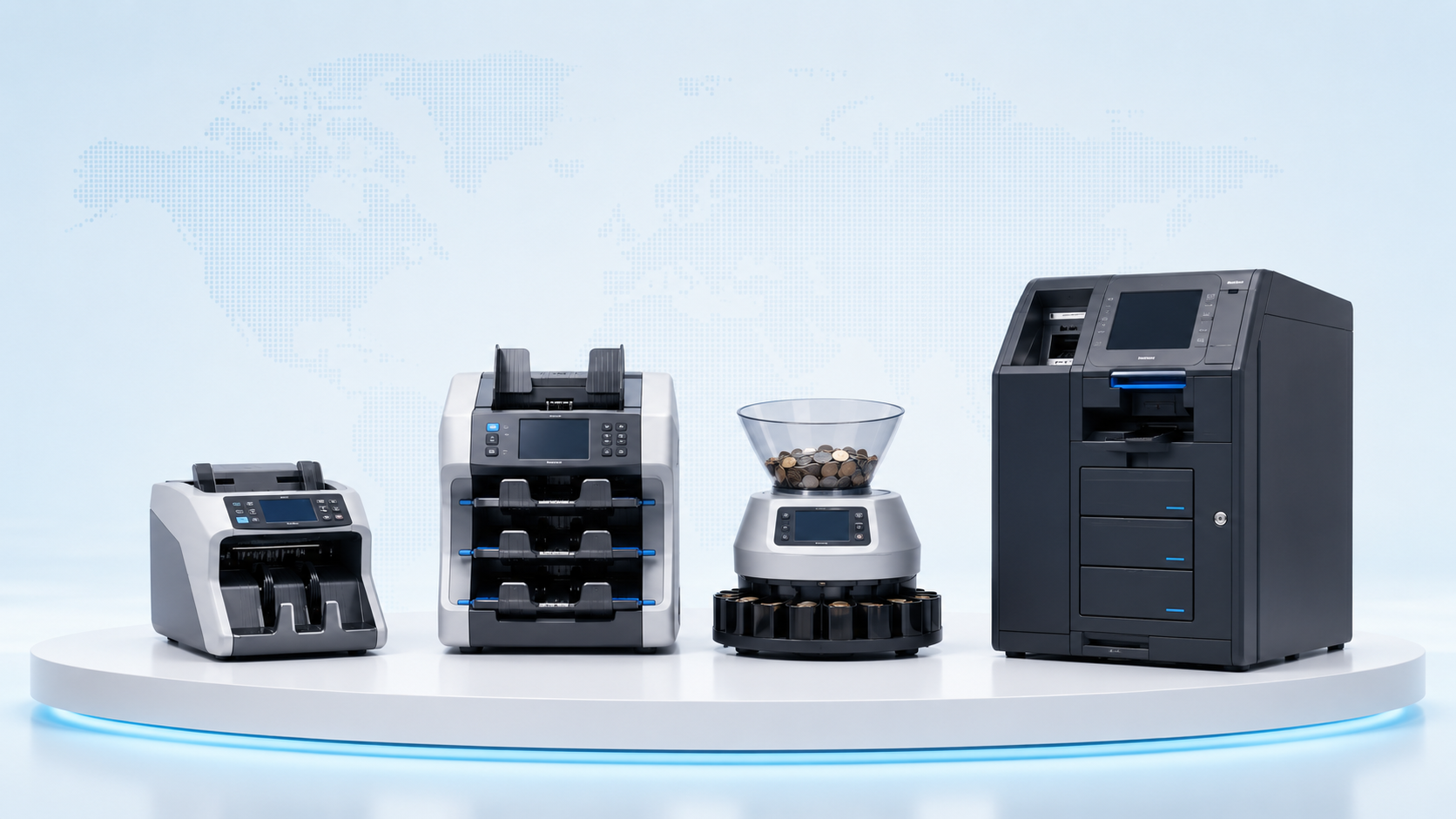 Bill counter, banknote sorter, coin sorter and large cash-management equipment displayed on a platform.